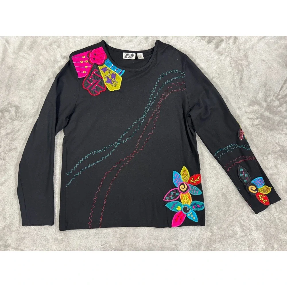Vintage Chicos Blouse Womens 2 Black Floral Colorful Artwear Rayon Blend Stretch